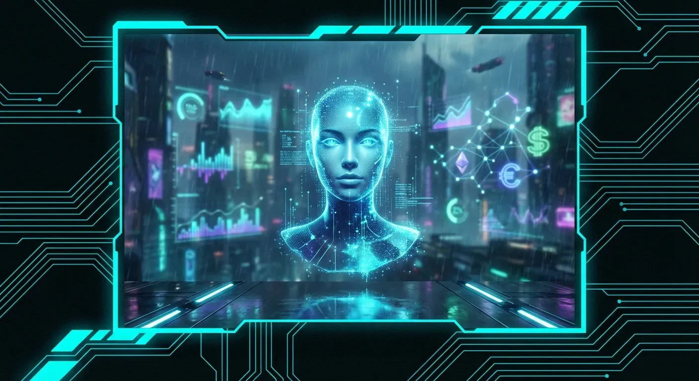 AI avatar hologram presenting to audience while human influencer relaxes, showing scalable income automation concept