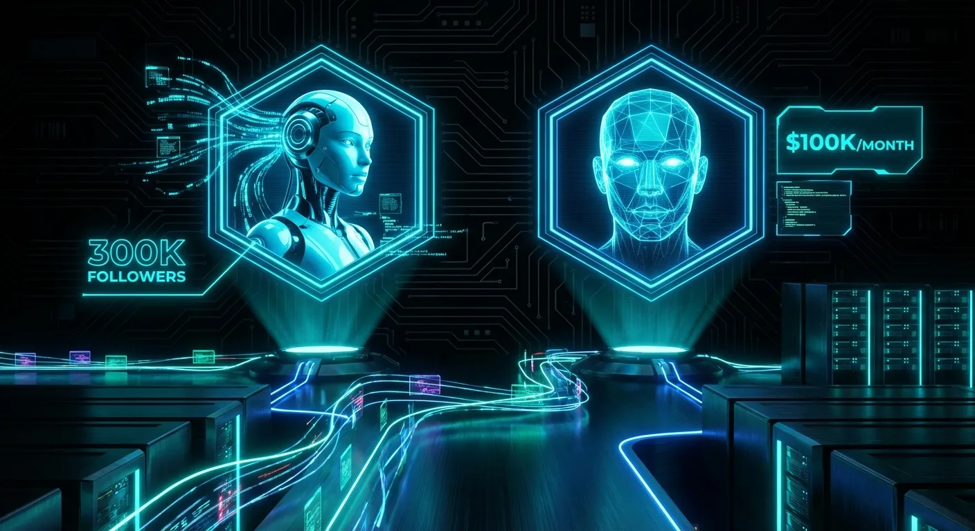 AI influencer avatar with growth metrics showing 300K followers and $100K monthly revenue potential on social media dashboard