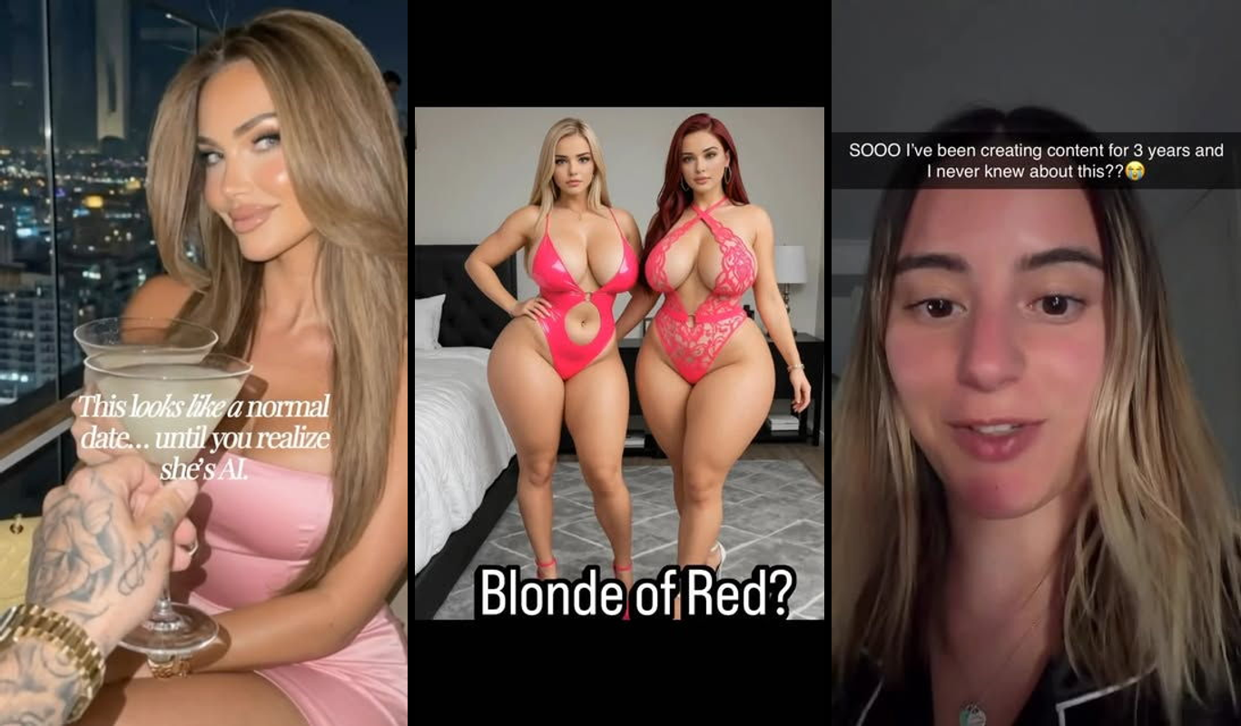 AI-generated virtual influencer avatar on phone screen with money symbols and social media icons showing income generation