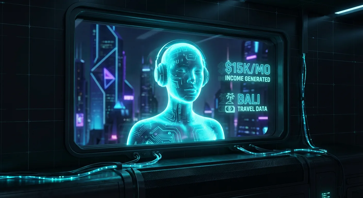 AI-generated influencer posting tropical Bali beach content on laptop screen with palm trees and ocean backdrop